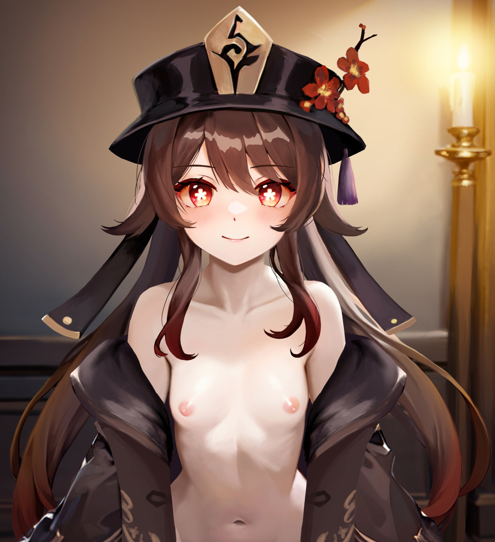 1girls, areolae, blush, female, flat chest, genshin impact, hu tao (genshin impact), john koeman, nipples