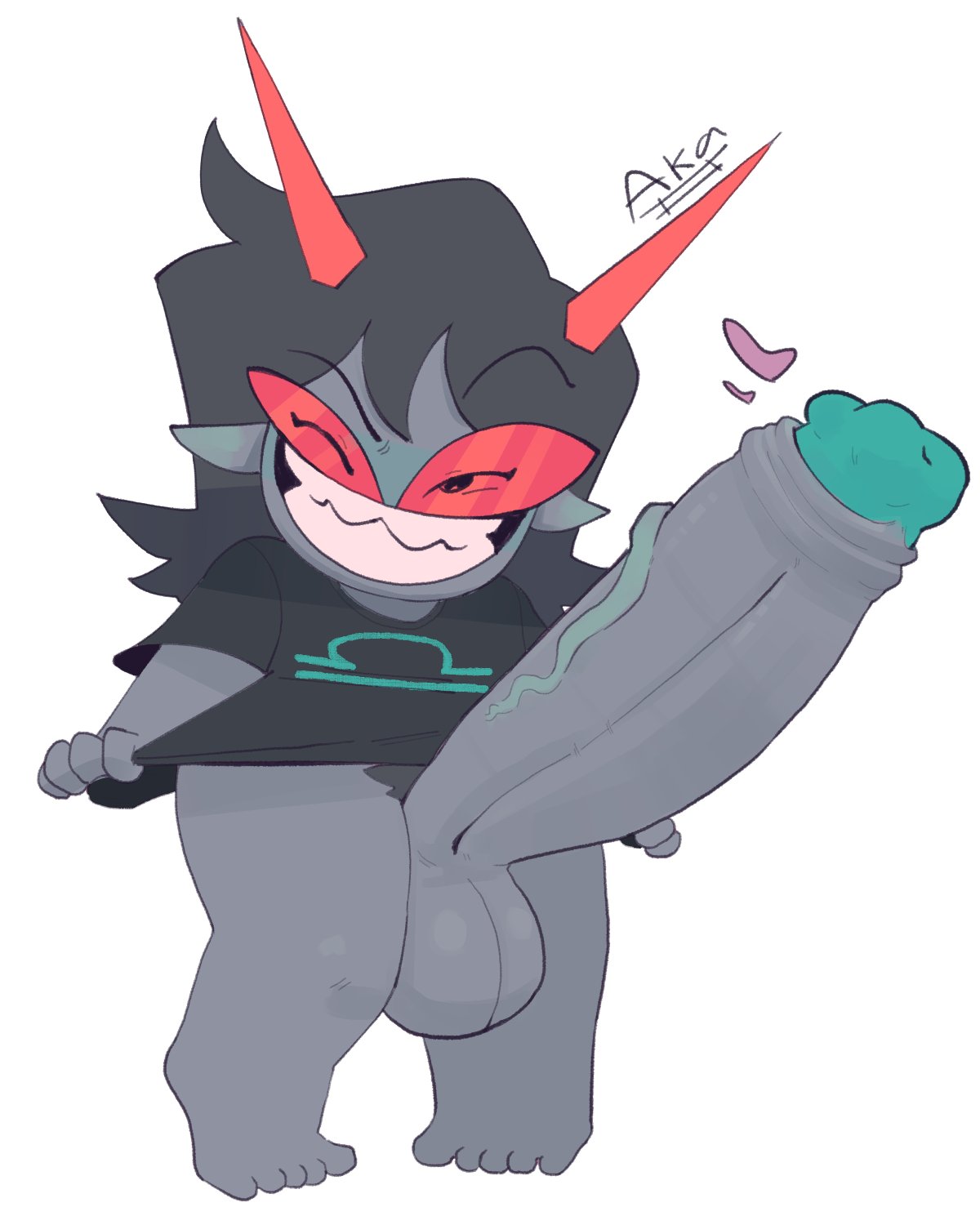 1futa aka_h balls black_hair bottomless breasts clothed clothing erection futa_only futanari glasses grey_skin heart homestuck horns huge_cock humanoid humanoid_penis intersex long_hair partially_clothed penis pointy_ears pubes pubic_hair pulling_shirt_down raised_eyebrow red_glasses shortstack signature simple_background small_but_hung smiling smiling_at_viewer solo standing t-shirt t-shirt_only terezi_pyrope troll winking winking_at_viewer