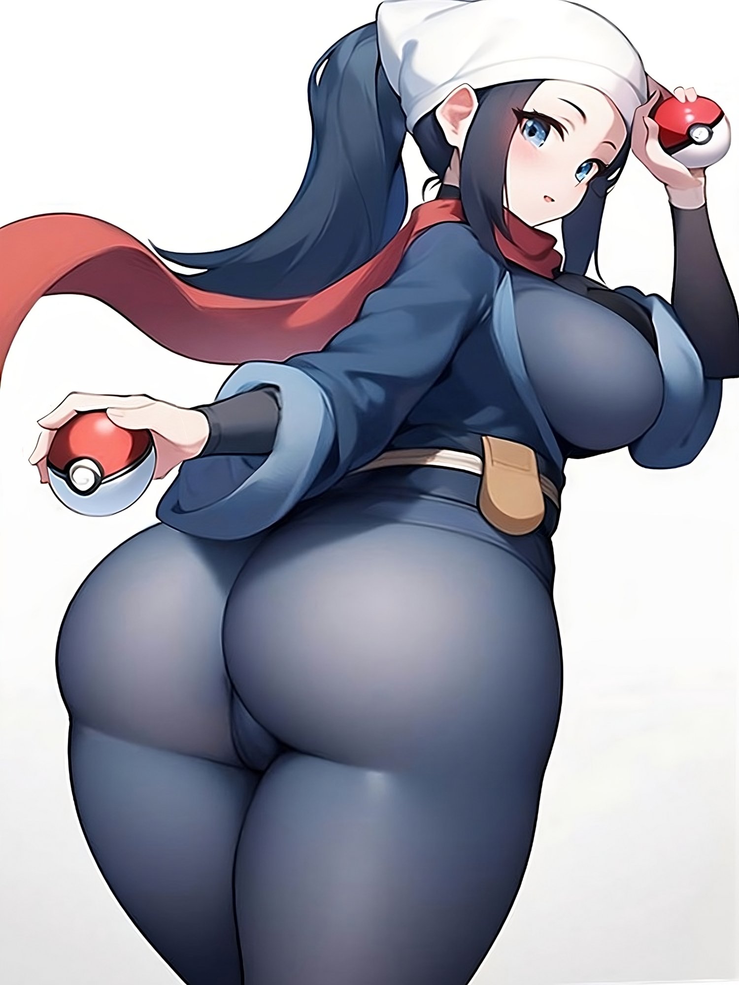 1girls, ai generated, akari (pokemon), ass, blue eyes, blue hair, breasts, cucarachaaa, female, game freak, hips, huge ass, large breasts, long hair, nintendo, pokemon, pokemon legends: arceus, ponytail, thick thighs, thighs, tights, voluptuous, wide hips