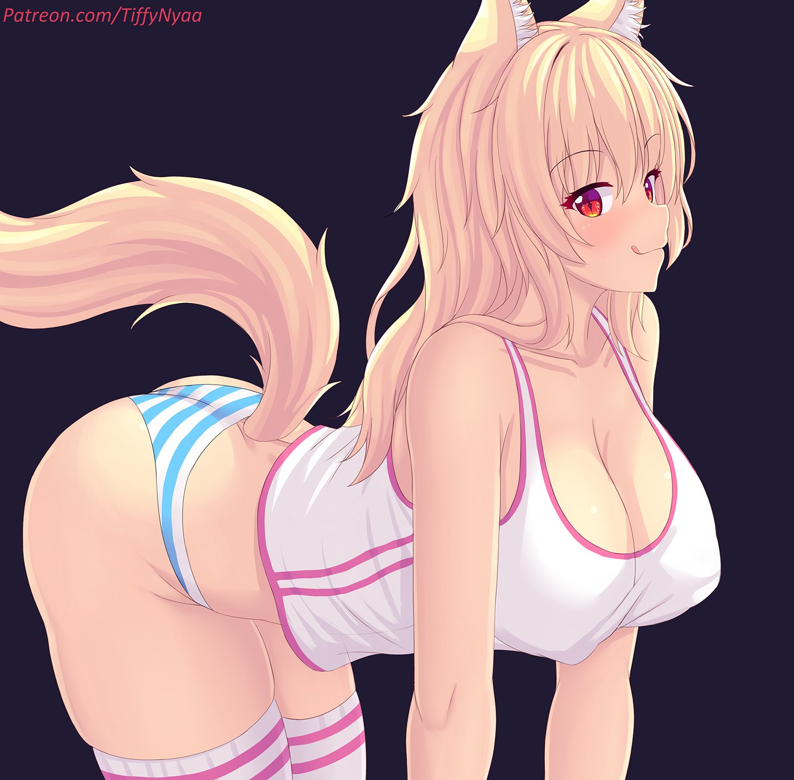 1girls, 2023, animal ears, ass, bent over, blonde hair, blue panties, blush, breasts, cleavage, female, large breasts, licking, licking lips, long hair, looking at viewer, no pants, original, panties, patreon username, red eyes, skindentation, striped panties, tagme, tail, tank top, thighhighs, thighs, tiffy, tiffynyaa, tongue, tongue out