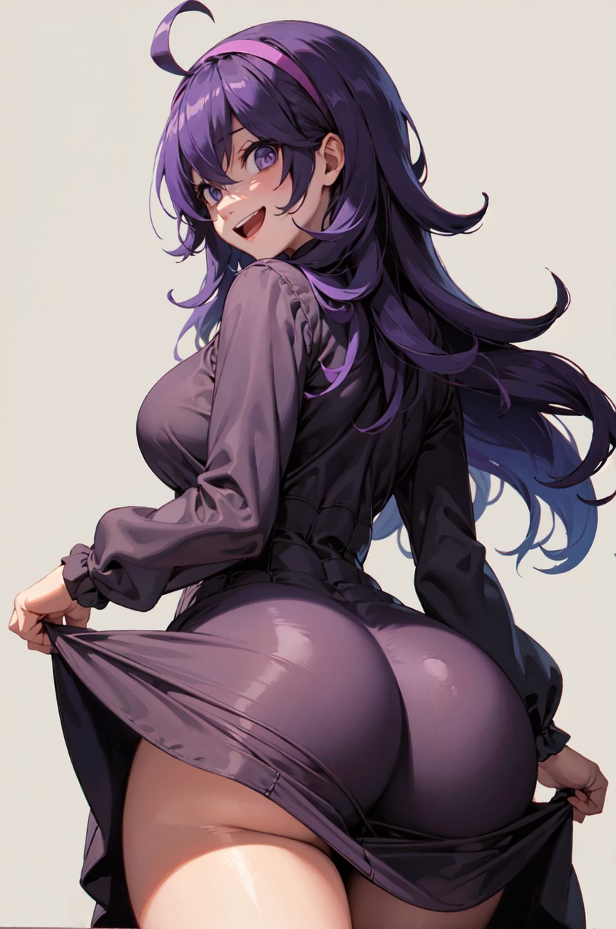 ahoge, ai generated, ass, big ass, clothing, female, female only, from behind, game freak, hex maniac, long hair, looking at viewer, looking back, mommy, nintendo, pokemon, purple eyes, purple hair, smile, solo female, suicidespit, thick thighs, tight clothing