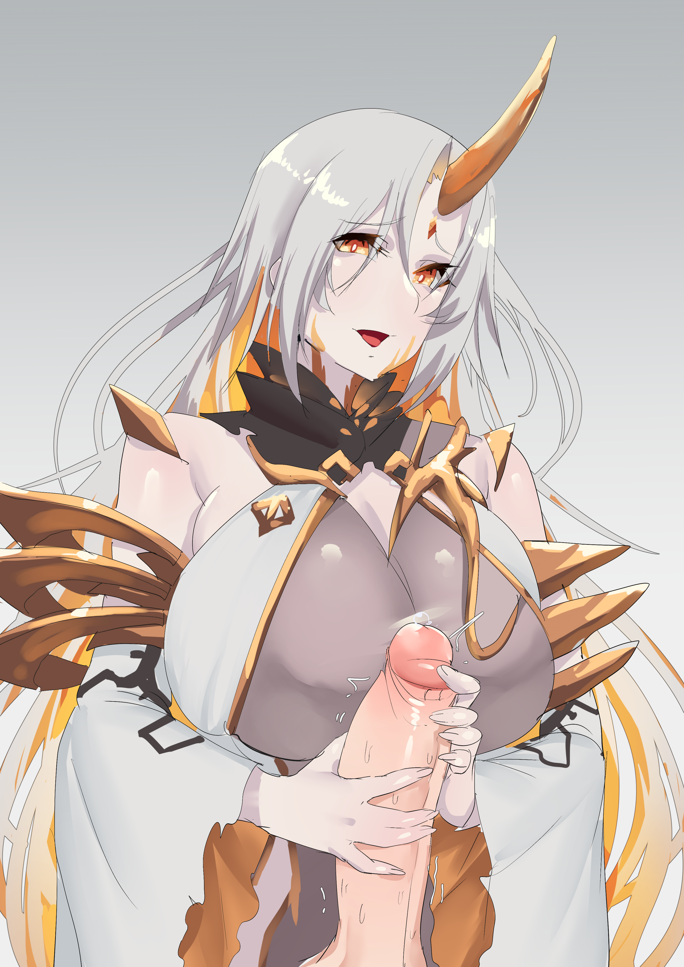 1boy, 1girls, blonde hair, breasts, cleavage, colored inner hair, detached sleeves, female, female focus, fire emblem, fire emblem heroes, grey hair, gullveig (fire emblem), handjob, horn, huge breasts, light skin, light-skinned female, light-skinned male, long hair, long sleeves, looking at viewer, male, male pov, nintendo, open mouth, pov, sex, smile, solo focus, source request, stormcow, very long hair, yellow eyes