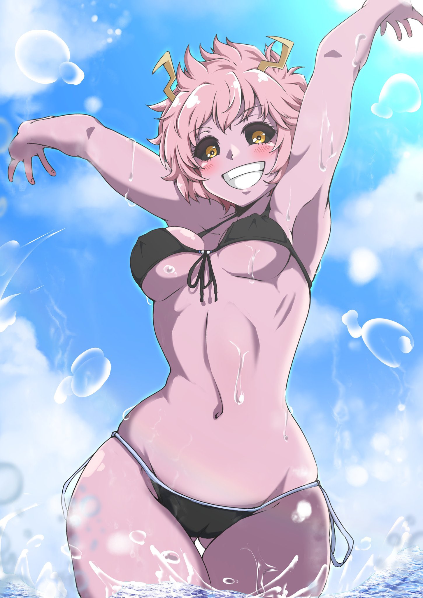 1girls, big breasts, bikini, black sclera, breasts, female, looking at viewer, mina ashido, my hero academia, pink hair, pink-haired female, shinonome mozuku, water