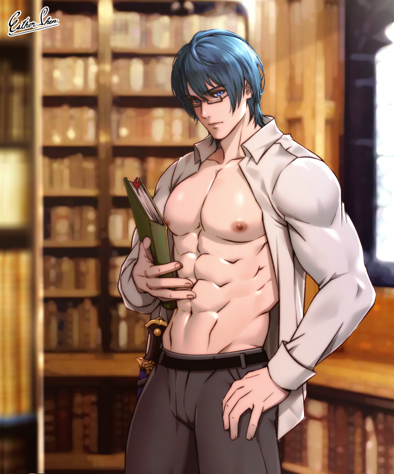 1boy abs alternate_costume artist_name belt black-framed_eyewear black_belt blue_eyes blue_hair blurry blurry_background book bookshelf byleth_(fire_emblem) byleth_(fire_emblem)_(male) byleth_(male)_(fire_emblem) closed_mouth collarbone commentary english_commentary esther-shen fire_emblem fire_emblem:_three_houses glasses grey_pants hair_between_eyes hand_on_own_hip holding holding_book indoors knife large_pectorals long_sleeves looking_at_viewer male male_focus male_only muscular muscular_male nintendo nipples open_clothes open_shirt pants pectorals serious shirt short_hair solo weapon white_shirt