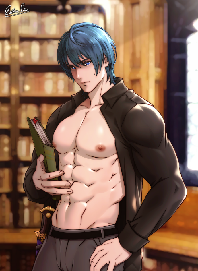 1boy abs alternate_costume alternate_version_available artist_name belt black-framed_eyewear black_belt blue_eyes blue_hair blurry blurry_background book bookshelf byleth_(fire_emblem) byleth_(fire_emblem)_(male) byleth_(male)_(fire_emblem) closed_mouth collarbone commentary english_commentary esther-shen fire_emblem fire_emblem:_three_houses grey_pants hair_between_eyes hand_on_own_hip holding holding_book indoors knife large_pectorals long_sleeves looking_at_viewer male male_focus male_only muscular muscular_male nintendo nipples open_clothes open_shirt pants pectorals serious shirt short_hair solo weapon white_shirt