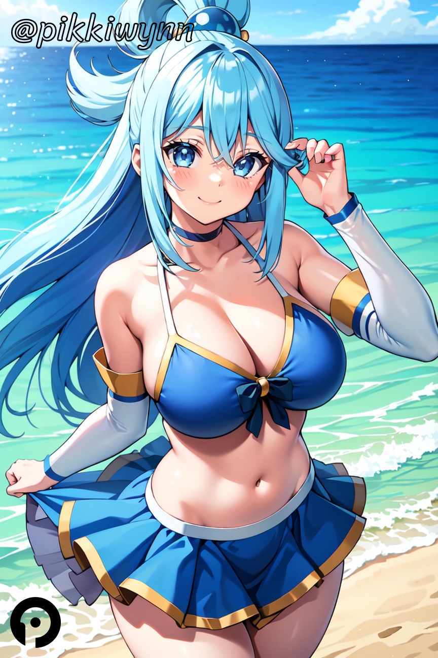 ai_generated aqua_(konosuba) bangs bare_shoulders beach bikini blue_bikini blue_choker blue_eyes blue_hair blue_skirt blue_sky blush breasts choker cleavage closed_mouth collarbone cowboy_shot day detached_sleeves female hair_ornament hair_rings hand_up kono_subarashii_sekai_ni_shukufuku_wo! large_breasts long_hair looking_at_viewer navel ocean outdoors pikkiwynn pleated_skirt skirt sky smile solo stomach swimsuit thighs water