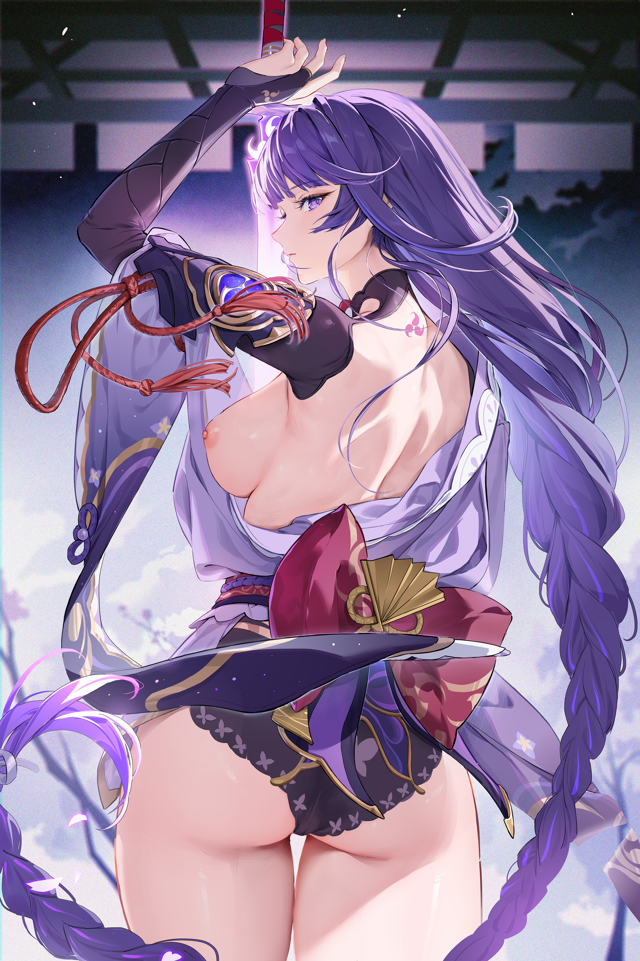 1girls, ass, female, female only, from behind, genshin impact, hi res, houkiboshi (mmjw7432), japanese clothes, kimono, looking at viewer, looking back, nipples, purple hair, raiden shogun, sword