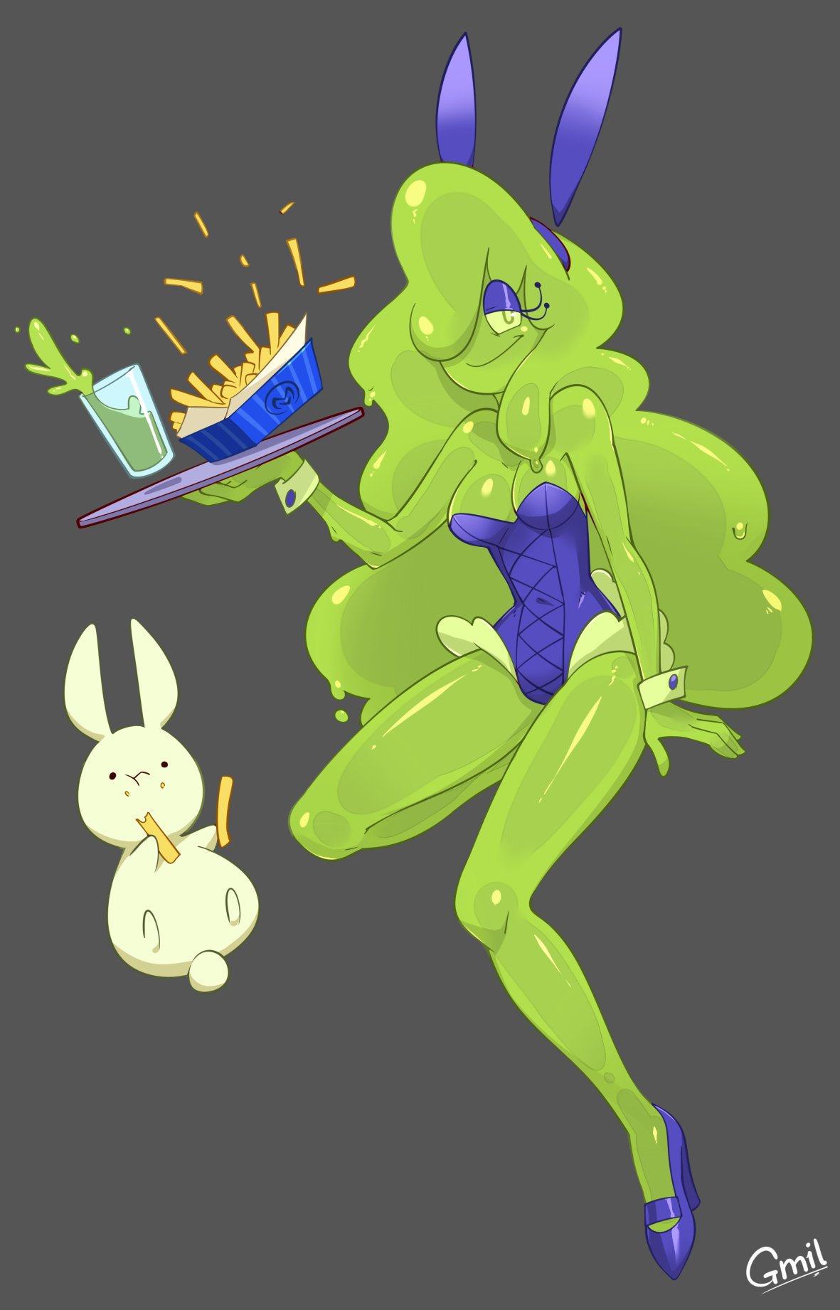 1girls 2023 artist_name artist_signature borrowed_character bunnysuit cleavage deep_cleavage eye_shadow french_fries gmil green_skin grey_background lime_(excited_zone) long_hair original slime_girl very_long_hair waitress