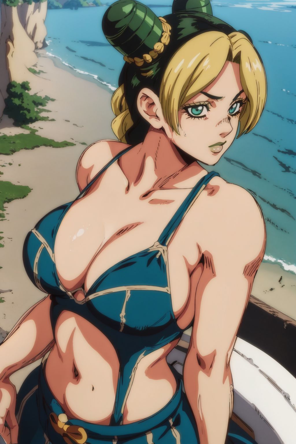 1girls, ai generated, big breasts, breasts, female, female only, freeboy162, green eyes, green hair, mystiqueanimeart, nipples, original, outdoors, solo