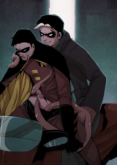 batcest batman_(series) bike dc dc_comics gay gay_domination jason_todd jaytim male male/male male_only motorcycle red_hood_(dc) red_robin robin_(dc) robin_(tim_drake) tentacle tentacle_handjob tentacle_in_ass tentacle_on_male tentacle_penetration tentacle_rape tentacle_sex tim_drake yaoi