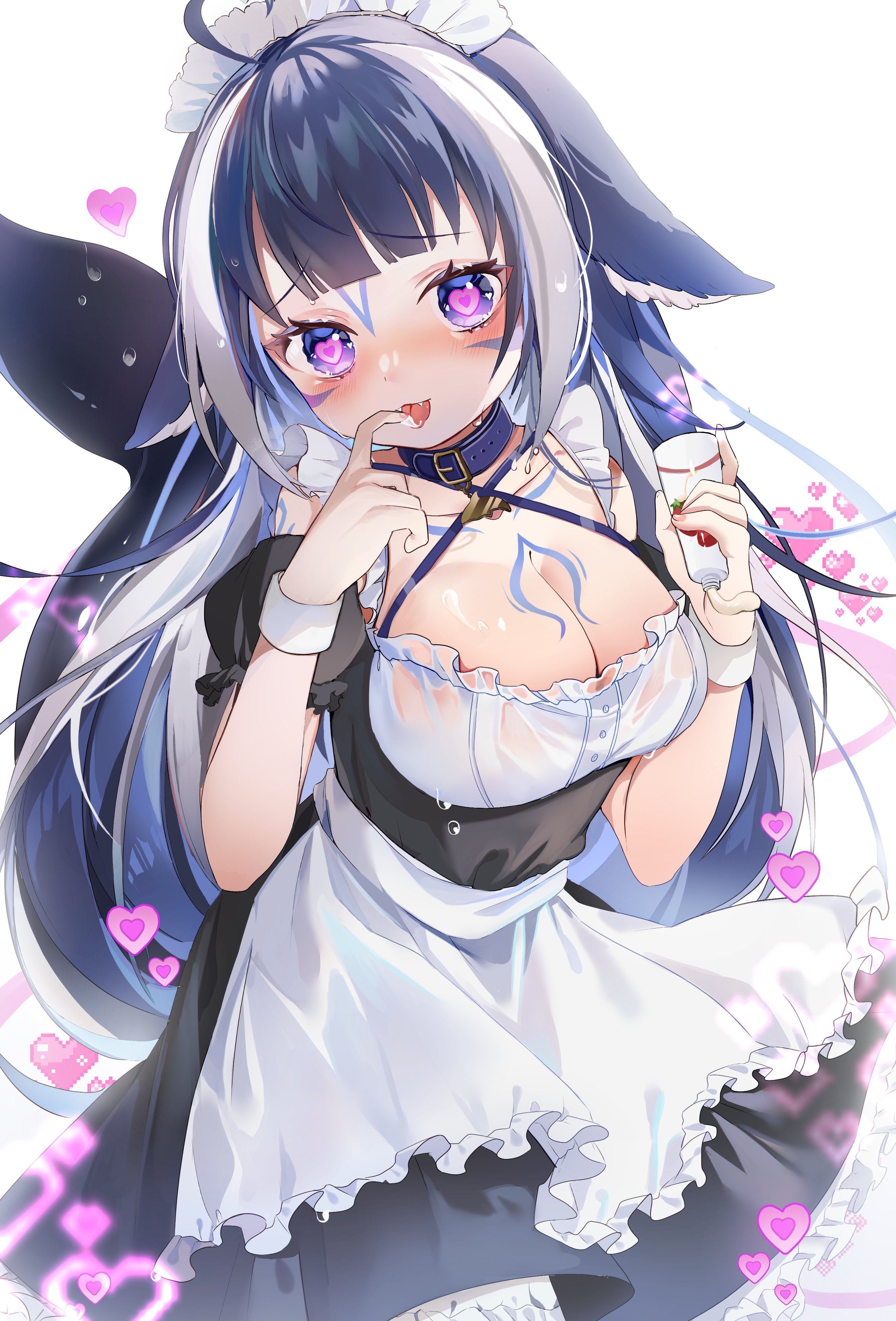 1girls, amafuyu, apron, blue eyes, blue hair, breasts, chest tattoo, collar, female, fin, heart-shaped pupils, indie virtual youtuber, large breasts, long hair, looking at viewer, maid, maid apron, maid headdress, maid uniform, multicolored hair, orca, orca girl, shylily, tail, tattoo, virtual youtuber, white hair, wrist cuffs