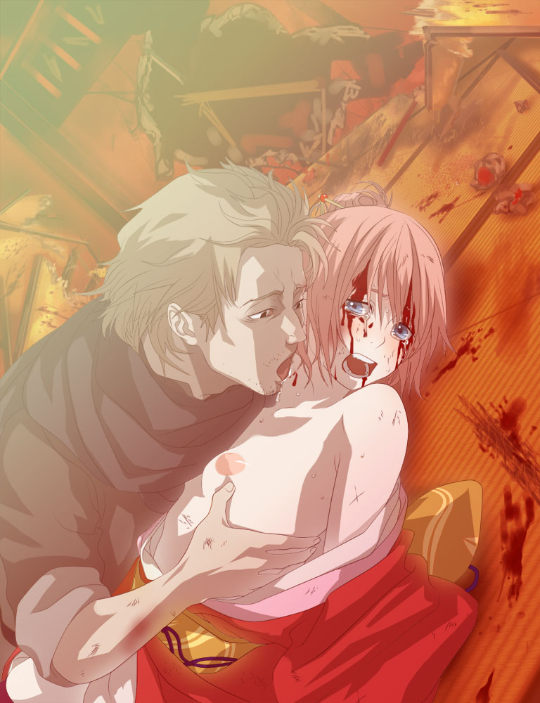 1boy 1girls abuto affront_to_nature age_difference beaten bikkuridawa blood blue_eyes crying crying_with_eyes_open defeated detailed_background female femsub gintama japanese_clothes kagura_(gintama) kimono male maledom nipples official_alternate_costume older_male open_clothes open_mouth pink_hair rape small_breasts tatami tears torn_clothes younger_female