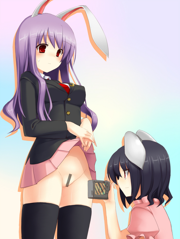 animal_ears black_hair black_legwear black_thighhighs blazer blush brown_hair bunny_ears camcorder camera censored embarrassed female female_only fur long_hair looking_down multiple_girls necktie no_panties photographic_proof purple_hair pussy red_eyes reisen_udongein_inaba short_hair skirt skirt_lift sweatdrop tewi_inaba thighhighs touhou tsukumiya_amane wavy_mouth