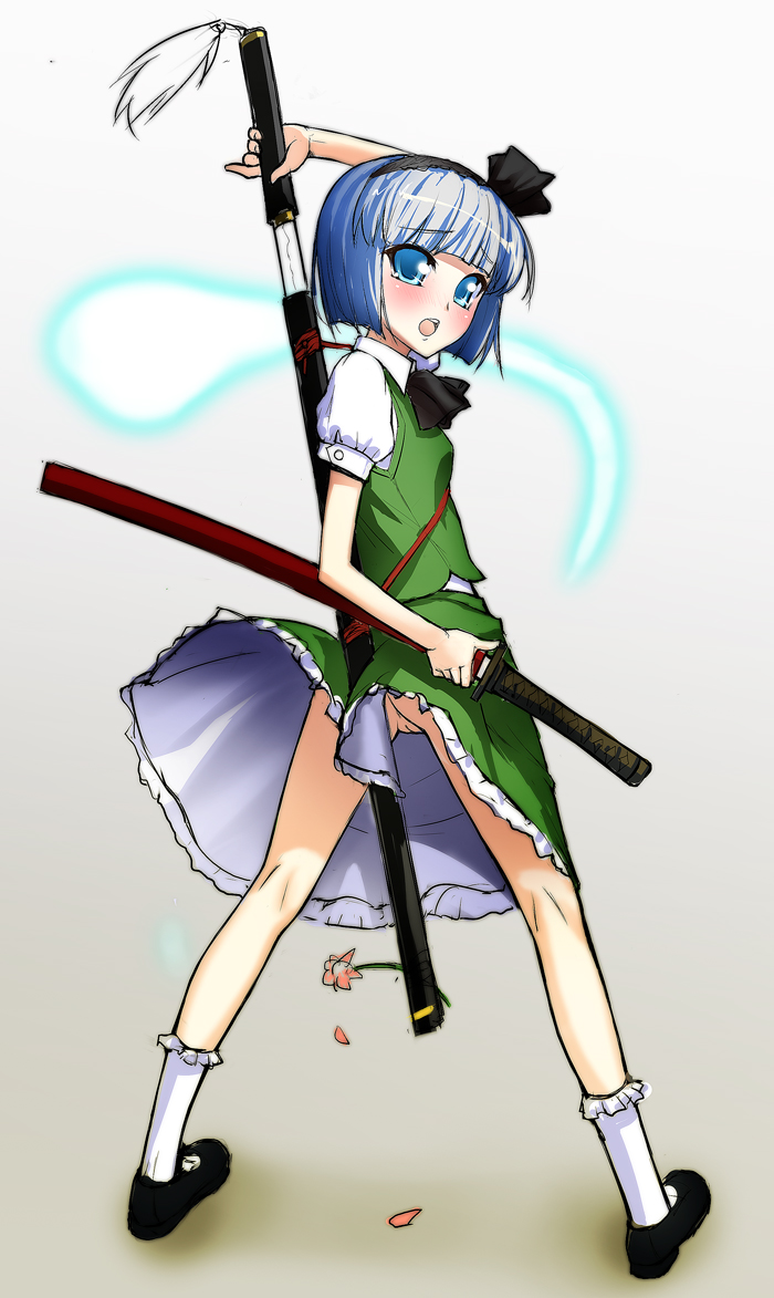 1girls ankle_socks anklehighs ass blue_eyes blue_hair blush bob_cut female female_only footwear frilled_legwear frilled_socks ghost hairband hitodama katana myon no_panties pussy ribbon scabbard sheathed_sword shoes short_hair silver_hair socks solo sword touhou uncensored unsheathing upskirt vagina weapon white_socks wind_lift youmu_konpaku youmu_konpaku_(ghost) yufu