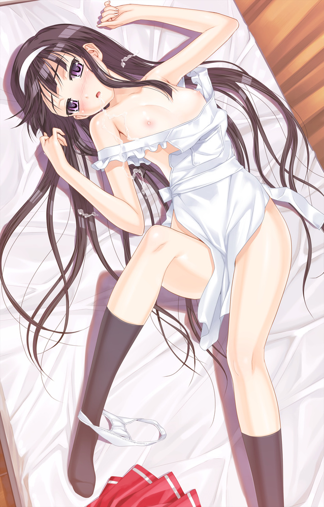 1girls bed black_hair blush breasts byakudan_midori cum cum_on_body cum_on_hair error facial female female_only happoubi_jin kanojo_x_kanojo_x_kanojo long_hair naked_apron nipples on_back panties panties_around_leg panties_around_one_leg purple_eyes small_nipples solo thighhighs underwear very_long_hair