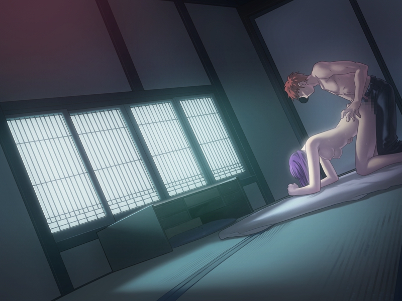 1boy 1girls censored clothed_male_nude_female clothing doggy_style emiya_shirou fate/stay_night fate_(series) female game_cg male matou_sakura medium_breasts nude purple_hair red_hair sex takeuchi_takashi type-moon