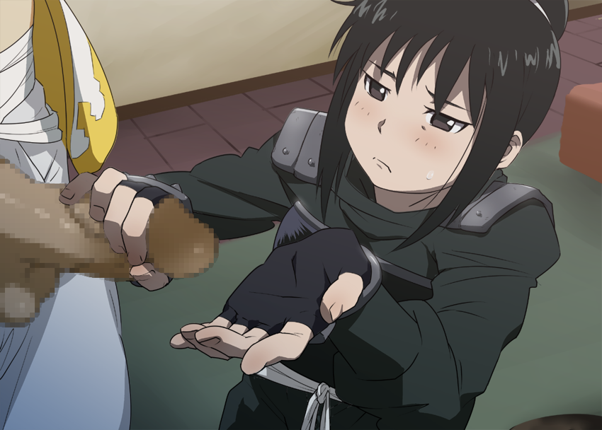 black_hair blush censored color female fingerless_gloves frown fullmetal_alchemist gloves handjob hands human ice_place lan_fan ling_yao male penis straight sweatdrop