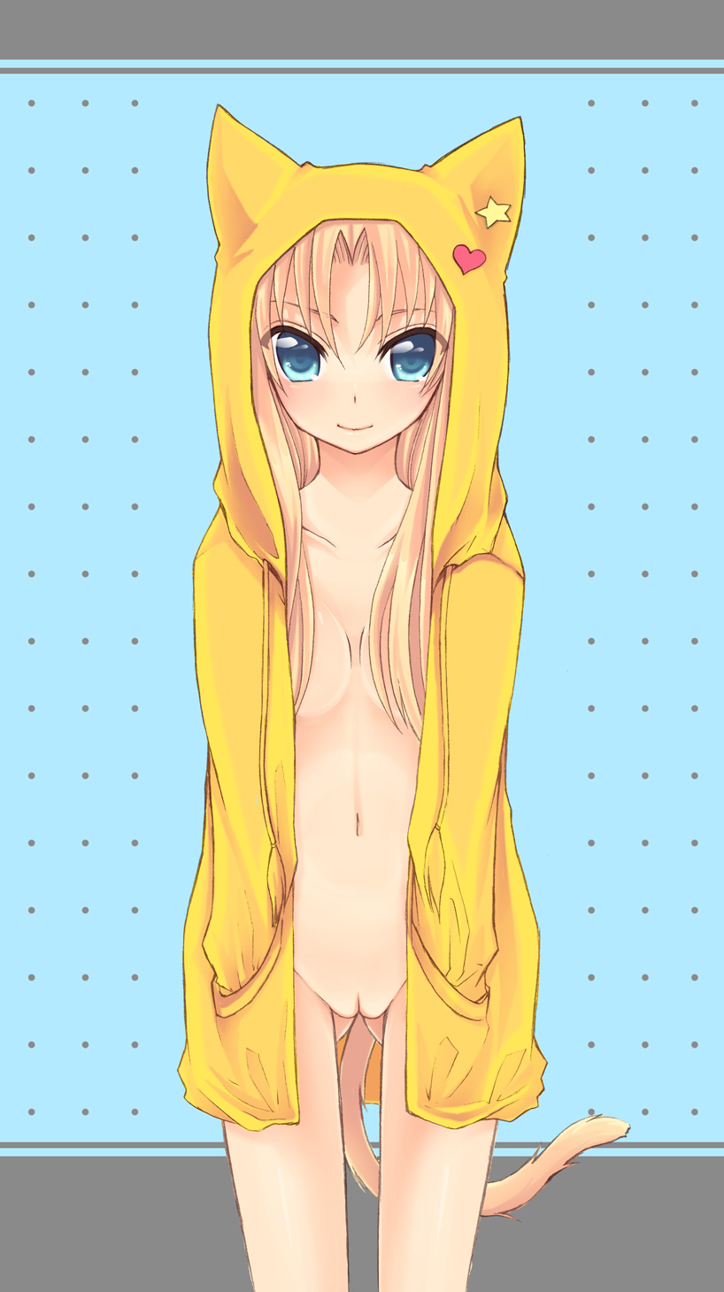 animal_ears blonde_hair blue_eyes cat_ears cat_hood cat_tail cathood coat hands_in_pockets highres hood long_hair nude original pointy_chin pussy sakurai_unan solo straight_hair tail uncensored zenra