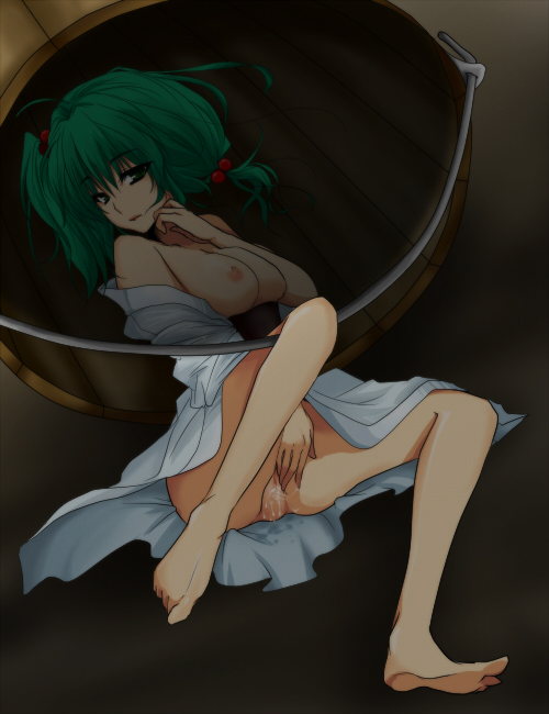 1girls barefoot breasts bucket feet female girl_in_bucket green_hair hair_bobbles hair_ornament ifuji_sakura in_bucket in_container kisume masturbation messy_hair nipples no_panties pussy_juice short_hair solo team_shanghai_alice tied_hair toe_scrunch touhou twintails uncensored