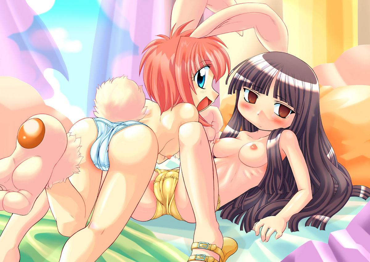 2girls animal_ear ass bed blush breasts bunny_ear bunny_tail cameltoe female female_only long_hair lying multiple_girls murakami_takashi_(disambiguation) panties ph-bu short_hair slippers smile tail takashi_murakami_(disambiguation) underwear