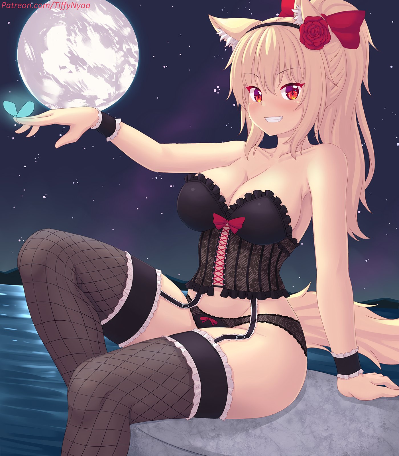 animal ears, black panties, blonde hair, blush, bow panties, breasts, bustier, cleavage, corset, female, fishnet stockings, fishnets, garter belt, garter straps, hairbow, large breasts, lingerie, original, panties, ponytail, red eyes, sitting, stockings, tagme, tail, thighhighs, tiffy, tiffynyaa