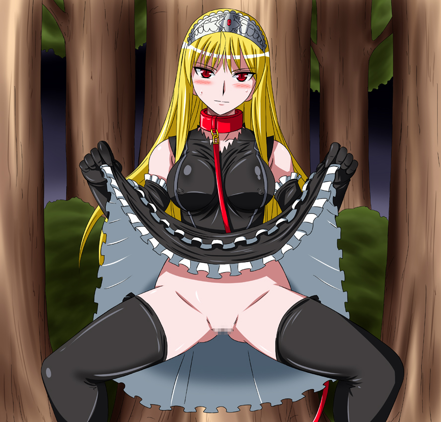 black_dress black_legwear black_thighhighs blonde_hair blush bondage censored clothing collar dress dress_lift elbow_gloves erect_nipples erect_nipples_under_clothes female gloves hime_(kaibutsu_oujo) kaibutsu_oujo leash lilianne long_hair looking_at_viewer no_panties pussy red_eyes shaved_pussy slit_pupils solo spec_(artist) squatting stockings sweat thighhighs tiara urasekai