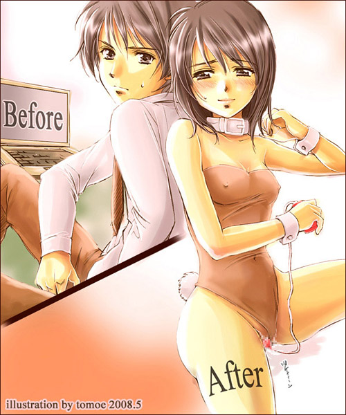 before and after, beige skin, blush, brown hair, bunny girl, bunny tail, censored, clothes, collar, color, crossdressing, female, femboy, feminization, gender transformation, genderswap, hair growth, human, looking at viewer, male, mosaic censoring, mtf transformation, rule 63, sex toy, sissification, sissy, smile, source request, transformation, vibrator, vibrator under clothes