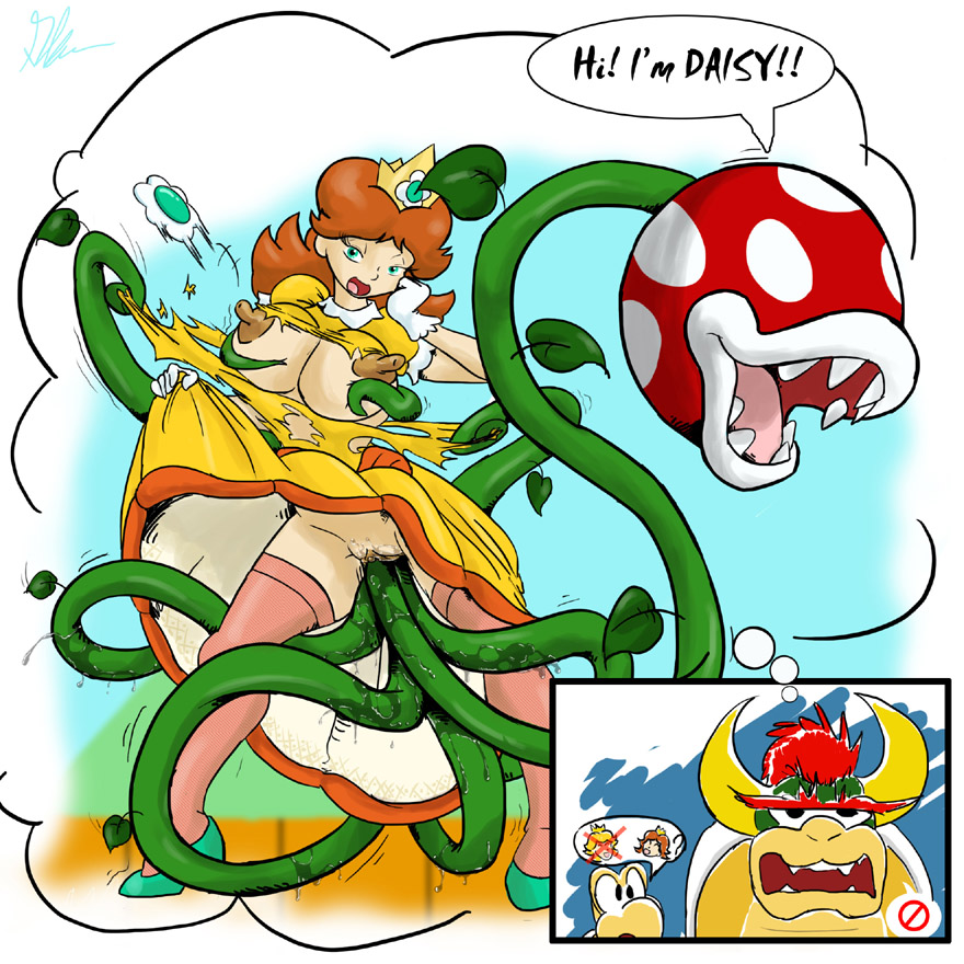 black_eyes blue_eyes bowser breasts breasts_out brown_hair catchphrase crown dendrophilia erect_nipples glenn great_demon_king_koopa green_head koopa large_areolae large_breasts mario_(series) multiple_images nintendo nipples no_panties piranha_plant princess_daisy pussy pussy_juice red_hair smile smooth_skin stripped_by_tentacles super_mario_bros. tentacle tentacles_in_pussy thighhighs torn_clothes torn_dress vaginal_penetration vine_insertion vine_tentacles vines