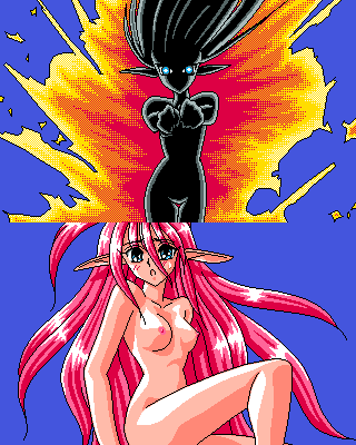 blue_eyes blush elf female female_only fire flames lightning_warrior_raidy lowres nude on_fire pink_hair solo