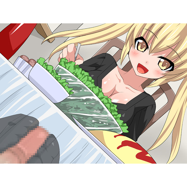 artist request, blonde hair, blush, breasts, censored, character request, cleavage, dutch angle, feet, female, food, footjob, footjob with legwear, male, open mouth, penis, smile, sneaky sex, sockjob, source request, stealth sex, under the table, yellow eyes