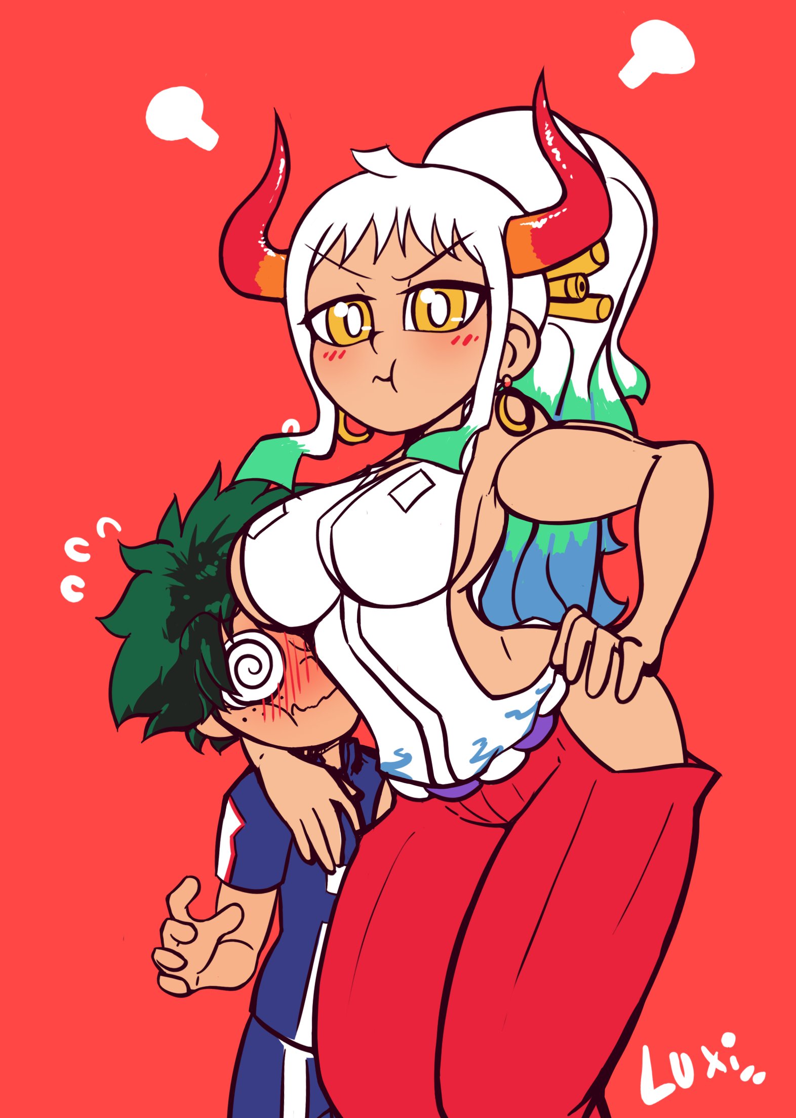 1boy, 1girls, blush, breast squish, breasts, crossover, earrings, embarrassed, face in breasts, female, freckles, gold eyes, green hair, green-haired male, hakama, hand on hip, horn, horns, izuku midoriya, large breasts, larger female, luxidoro, male, my hero academia, one piece, ponytail, revealing clothes, sideboob, size difference, smaller male, smothering, swirly eyes, three-tone hair, two-tone hair, white hair, white-haired female, yamato (one piece)