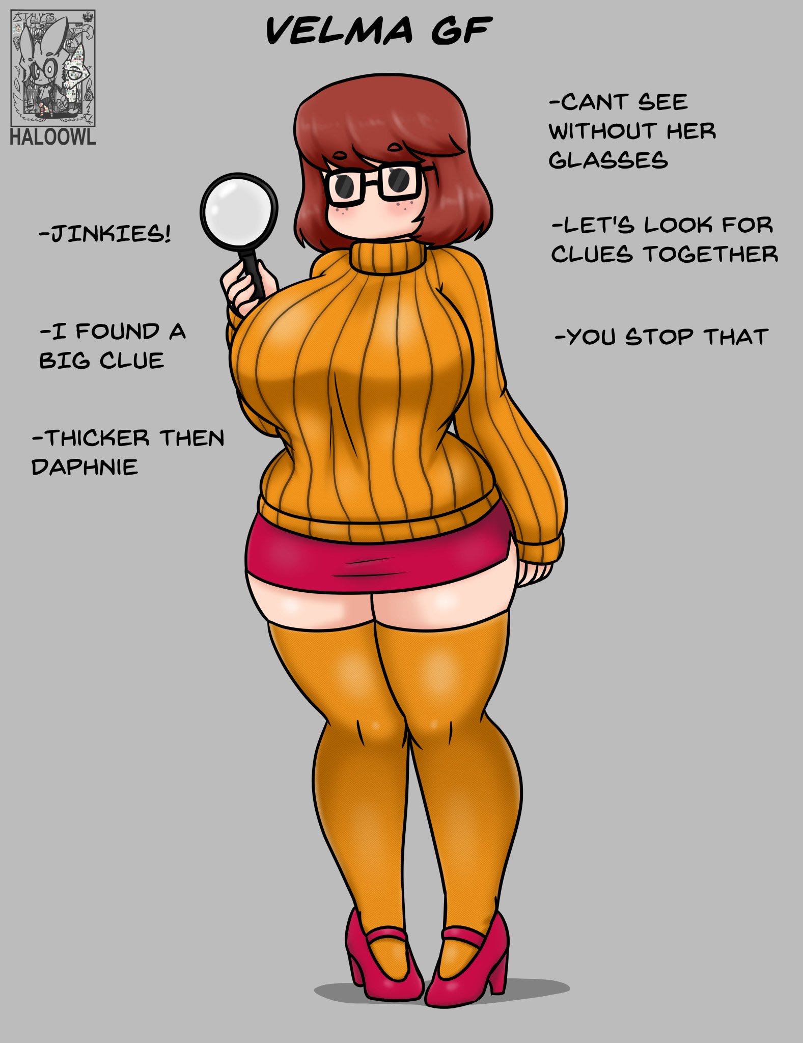 1girls, breasts, brown hair, character name, chubby female, curvy female, female, freckles, freckles on face, glasses, grey background, haloowl, hanna-barbera, high heels, huge breasts, ideal gf, magnifying glass, microskirt, miniskirt, no mouth, no nose, orange legwear, orange turtleneck, pencil skirt, pigeon-toed, plump, red footwear, scooby-doo, short hair, signature, simple background, solo, stockings, text, thick thighs, thighhighs, turtleneck sweater, velma dinkley, zettai ryouiki
