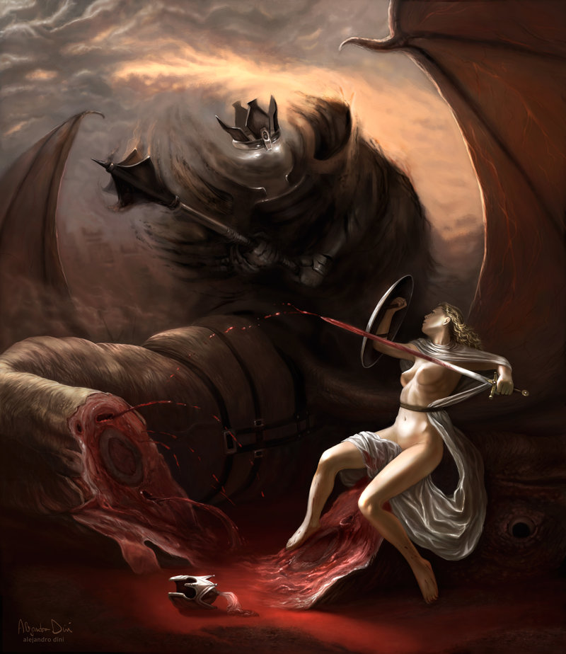 alejandro_dini battle blood blood_puddle dragon eowyn glowing_eyes gore lord_of_the_rings mace nazgul nipples saddle severed_head shield sword victorious_heroine white_eyes witch_king_of_angmar