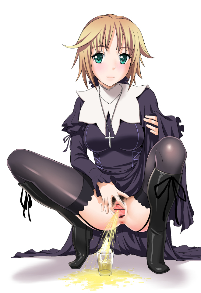 anus aqua_eyes beria_teresa blonde_hair boots censored clitoral_hood clitoris cross female female_focus female_only garter_straps garters labia labia_majora labia_minora legwear lingerie nopan nun peeing peeing_in_cup piss pissing pooca pubic_hair seikon_no_qwaser simple_background sitting_pee solo solo_female solo_focus spread_pussy spreading spreading_pussy squat stockings teresa_beria thighhighs urinating urinating_female urination urine urine_pool urine_stream vagina white_background