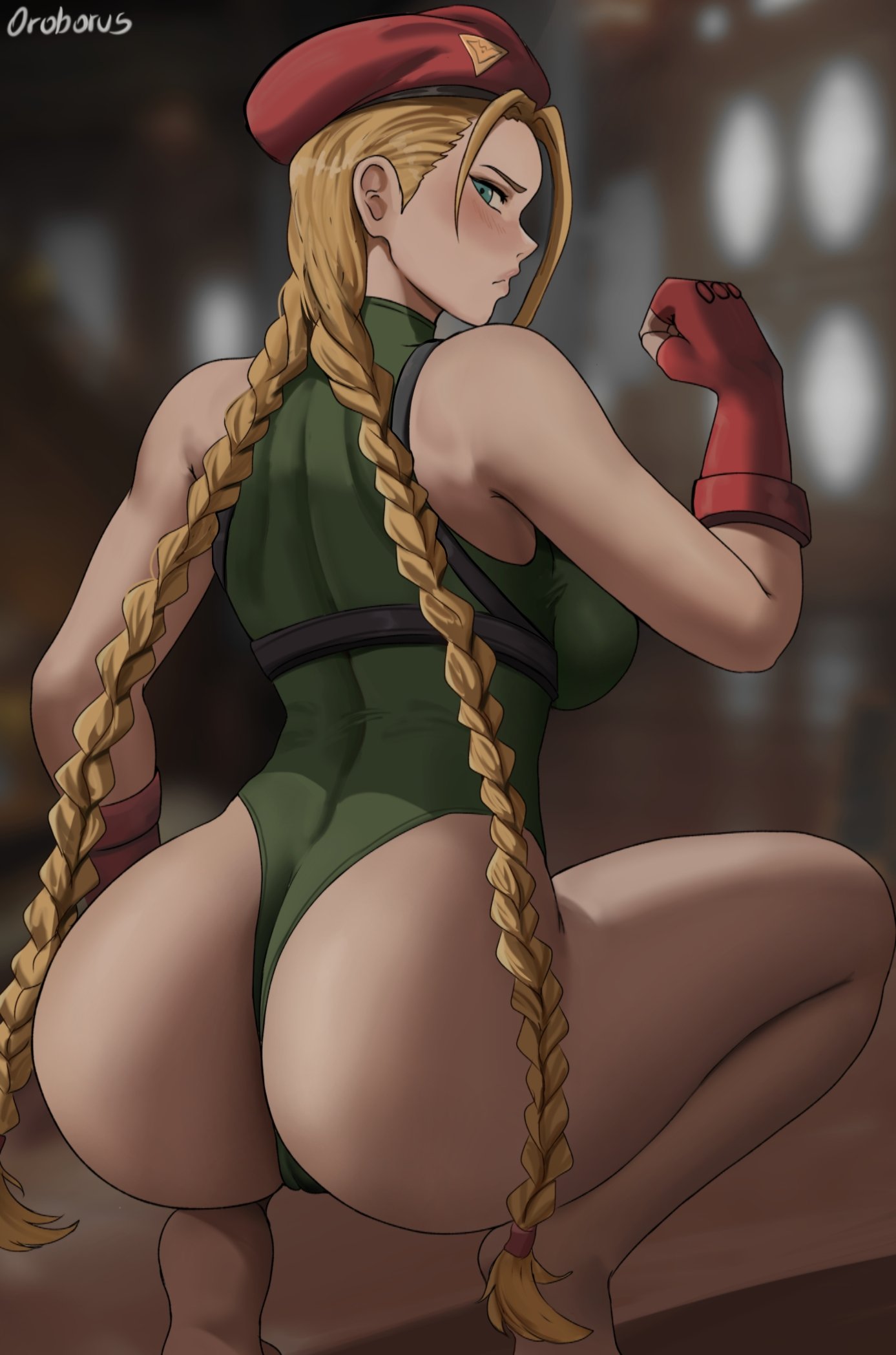 1girls ass backboob big_butt blonde_hair braided_twintails breasts butt cammy_white capcom fat_ass female hat huge_breasts huge_butt large_butt leotard light-skinned_female light_skin long_hair oroborusart pawg savagexthicc solo street_fighter thick_thighs thong_leotard twintails