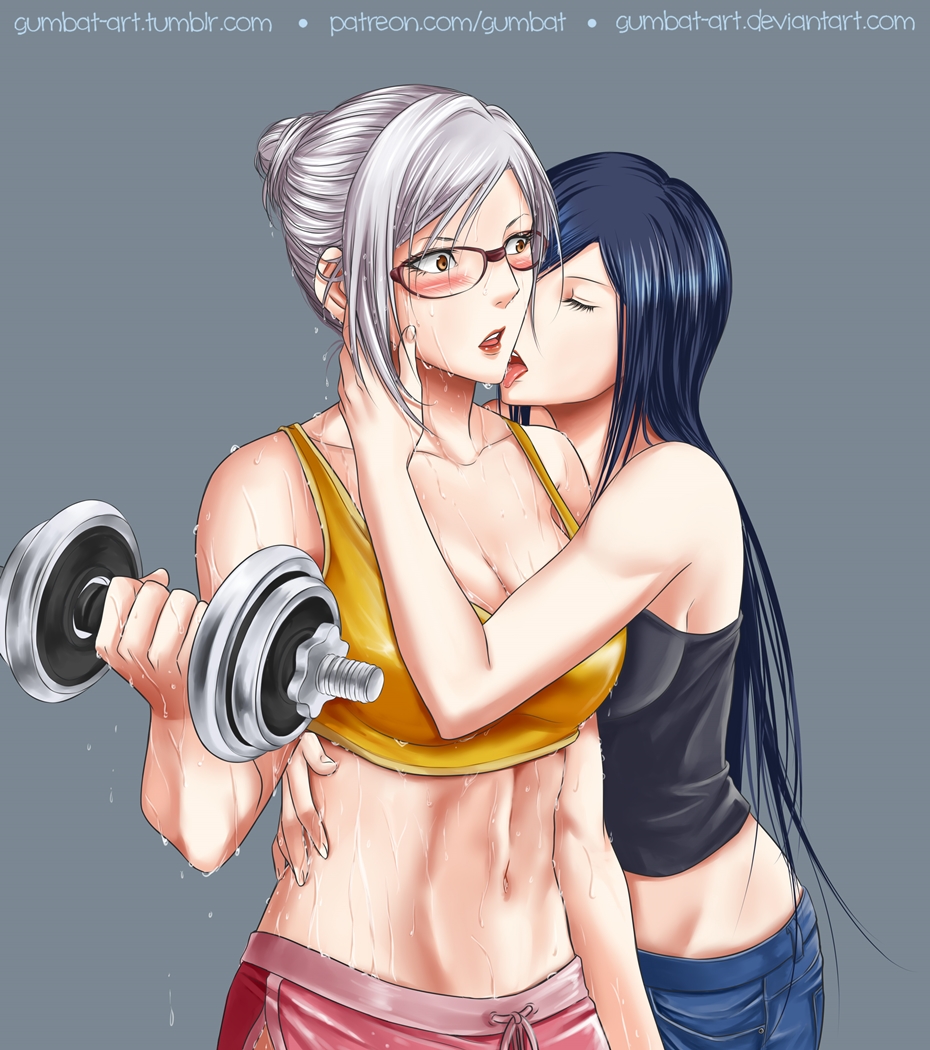 arm around neck, arm around waist, belly, belly button, blush, breasts, cleavage, collarbone, dark blue hair, eyes closed, female, female only, glasses, gumbat, kurihara mari (prison school), lesbians, licking face, lifting, lifting weights, muscular, muscular female, prison school, shiraki meiko, sideboob, simple background, sweat, sweatdrop, tank top, white hair, yuri