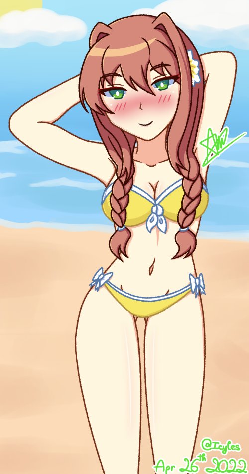 1girls 2022 artist_name artist_signature beach bikini bikini_bottom bikini_top blue_sky blush blush_lines braided_hair breasts cleavage cloud clouds dated doki_doki_literature_club female flower flower_in_hair green_eyes hair_intakes hapicyles long_hair monika_(doki_doki_literature_club) navel sand shiny_skin signature solo solo_female solo_focus sun water yellow_bikini yellow_bikini_bottom yellow_bikini_top