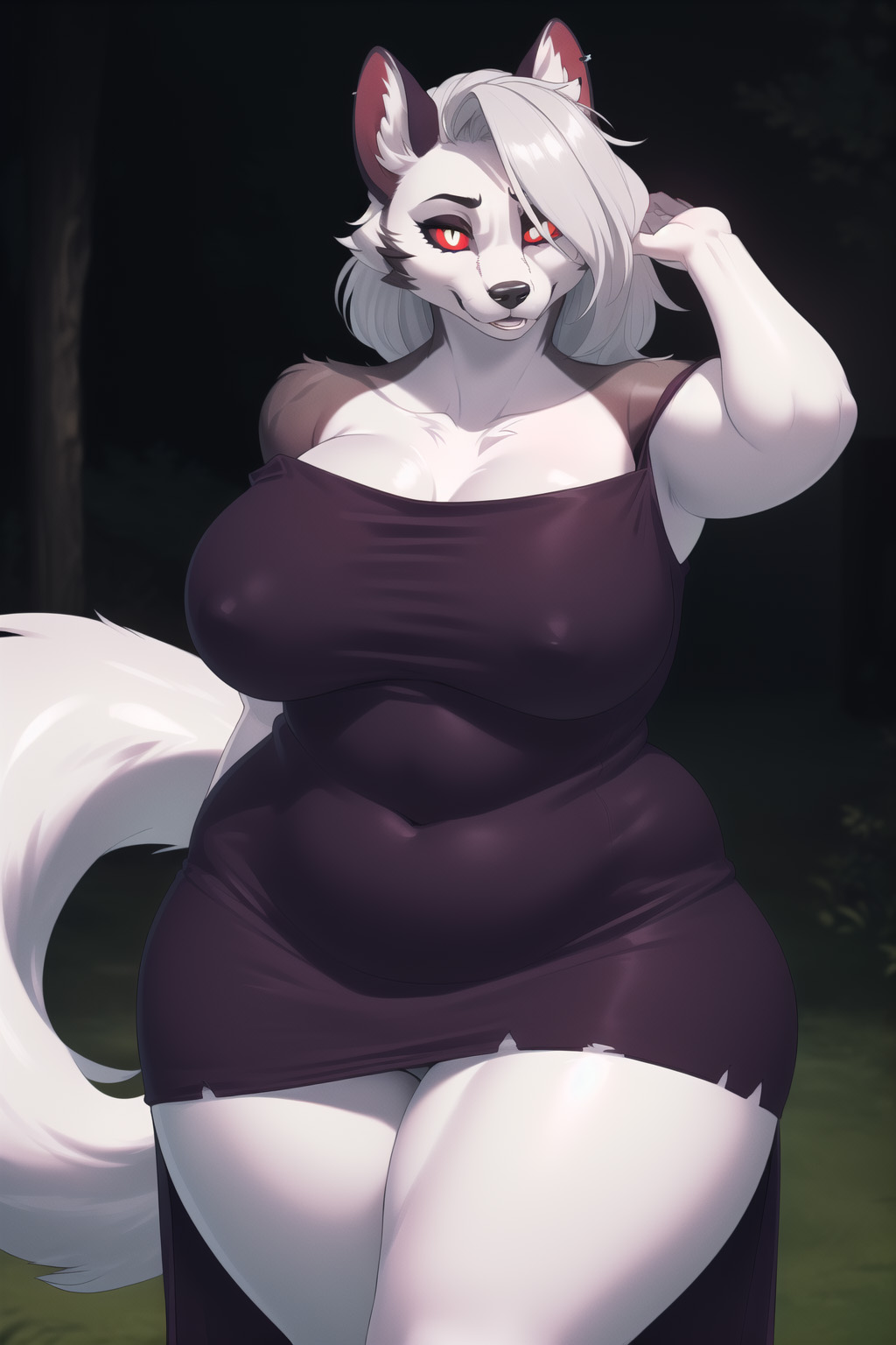 ai generated, anthro, armpits, bbw, big breasts, black dress, breasts, canid, canid demon, canine, canine humanoid, canis, chubby, fat, female, fur, furry, gigantic thighs, grey fur, grey hair, hellhound, helluva boss, loona (helluva boss), night, outdoors, plump, red sclera, short dress, stable diffusion, thick, vivienne medrano, voluptuous, wgenjoyr4539, white eyes, white fur, woods