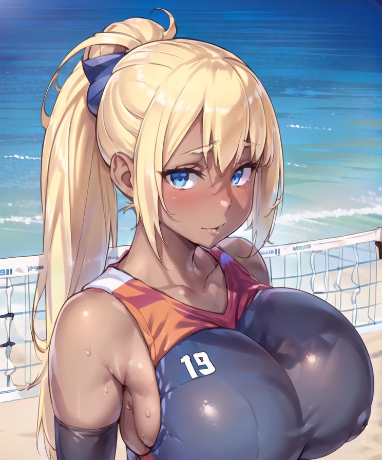 ai_generated beach beauty_mark close-up huge_breasts oznia4 ponytail