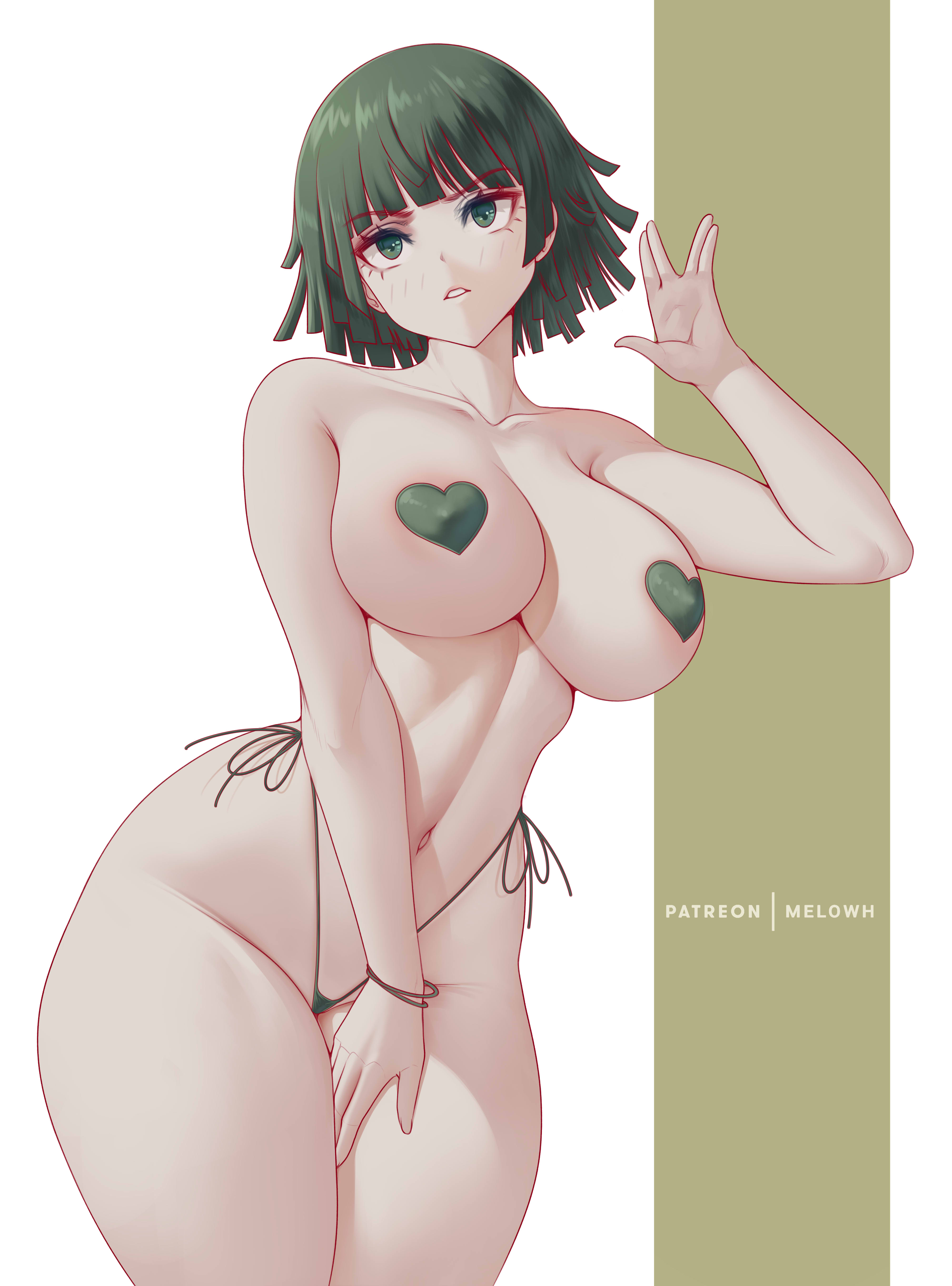 1girls, breasts, female, female only, fubuki (one-punch man), green eyes, green hair, heart-shaped pasties, hi res, hips, huge breasts, light skin, light-skinned female, melowh, naughty face, one-punch man, panties, pasties, short hair, thick thighs, thighs, topless, wide hips