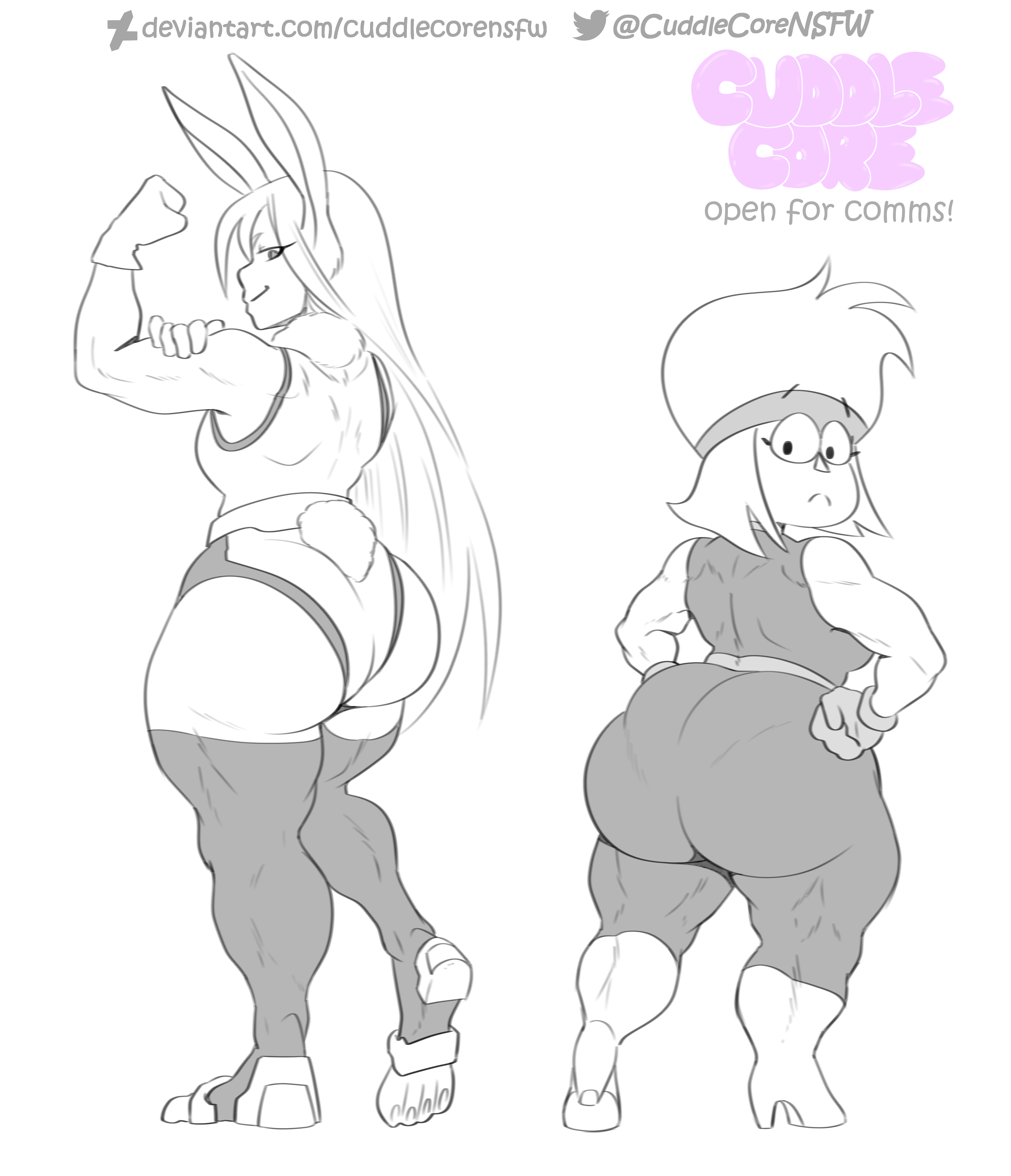 2023, 2d, 2girls, ass, big ass, big ears, carol (ok k.o.! let's be heroes), carol kincaid, clothing, crossover, cuddlecore, female, female only, furry, huge ass, human, lagomorph, looking at viewer, looking back, miruko, muscular, muscular female, my hero academia, ok k.o.! let's be heroes, pantylines, pinup, rumi usagiyama, sketch, straight hair, thick, thick ass, thick legs, thick thighs, wide hips