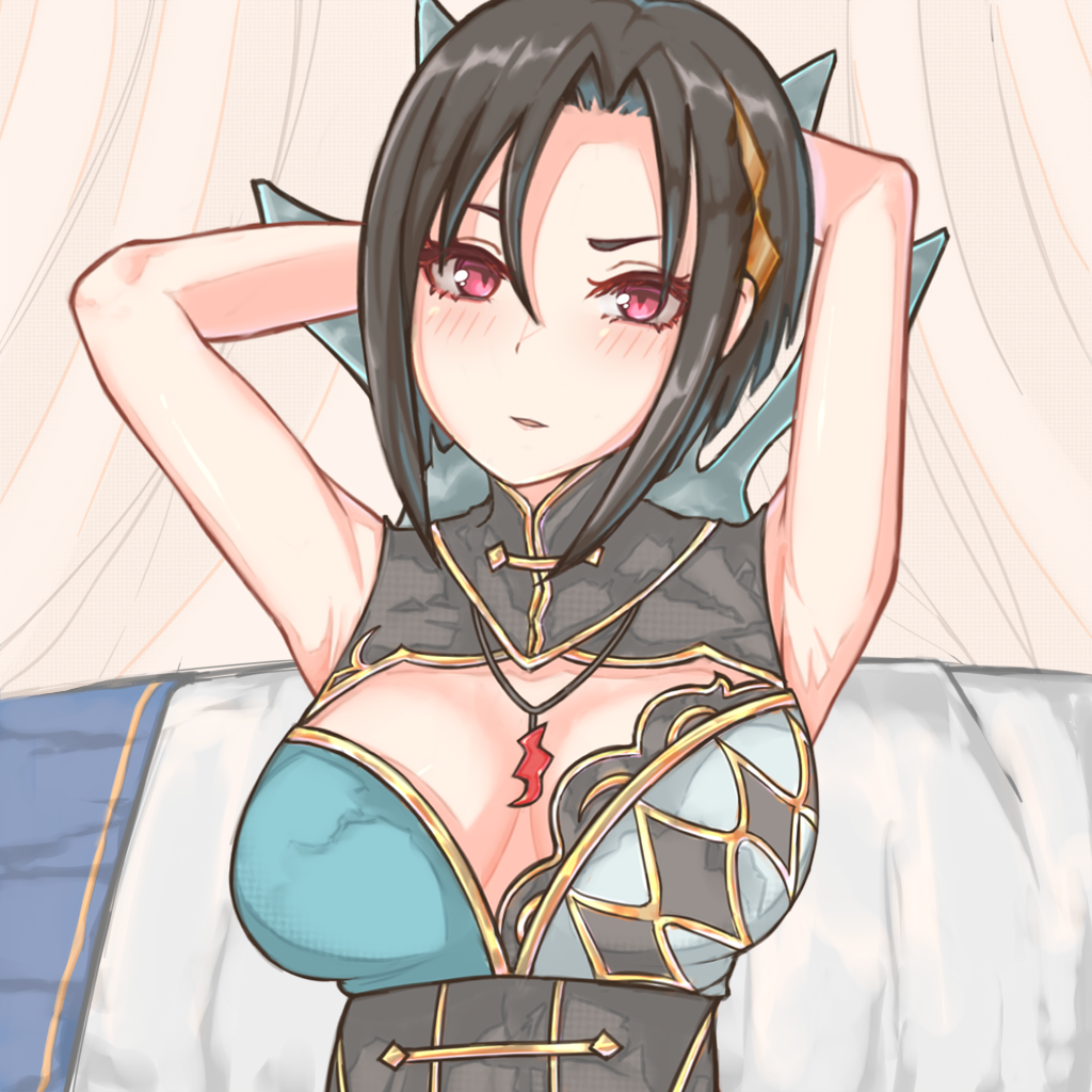 1girls armpits arms_behind_head bed bedroom black_hair cleavage female female_only fire_emblem fire_emblem_engage hair_between_eyes indoors large_breasts looking_at_viewer medium_breasts nel_(fire_emblem) nintendo open_mouth red_eyes short_hair smile solo strife_art