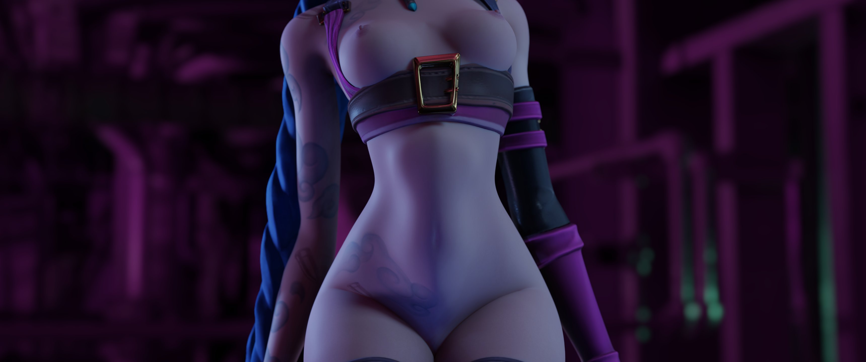 3d, anal, belt, belt buckle, blue hair, breasts, dildo sitting, female, jinx (league of legends), league of legends, slim waist, stomach bulge, thebartender, thin waist