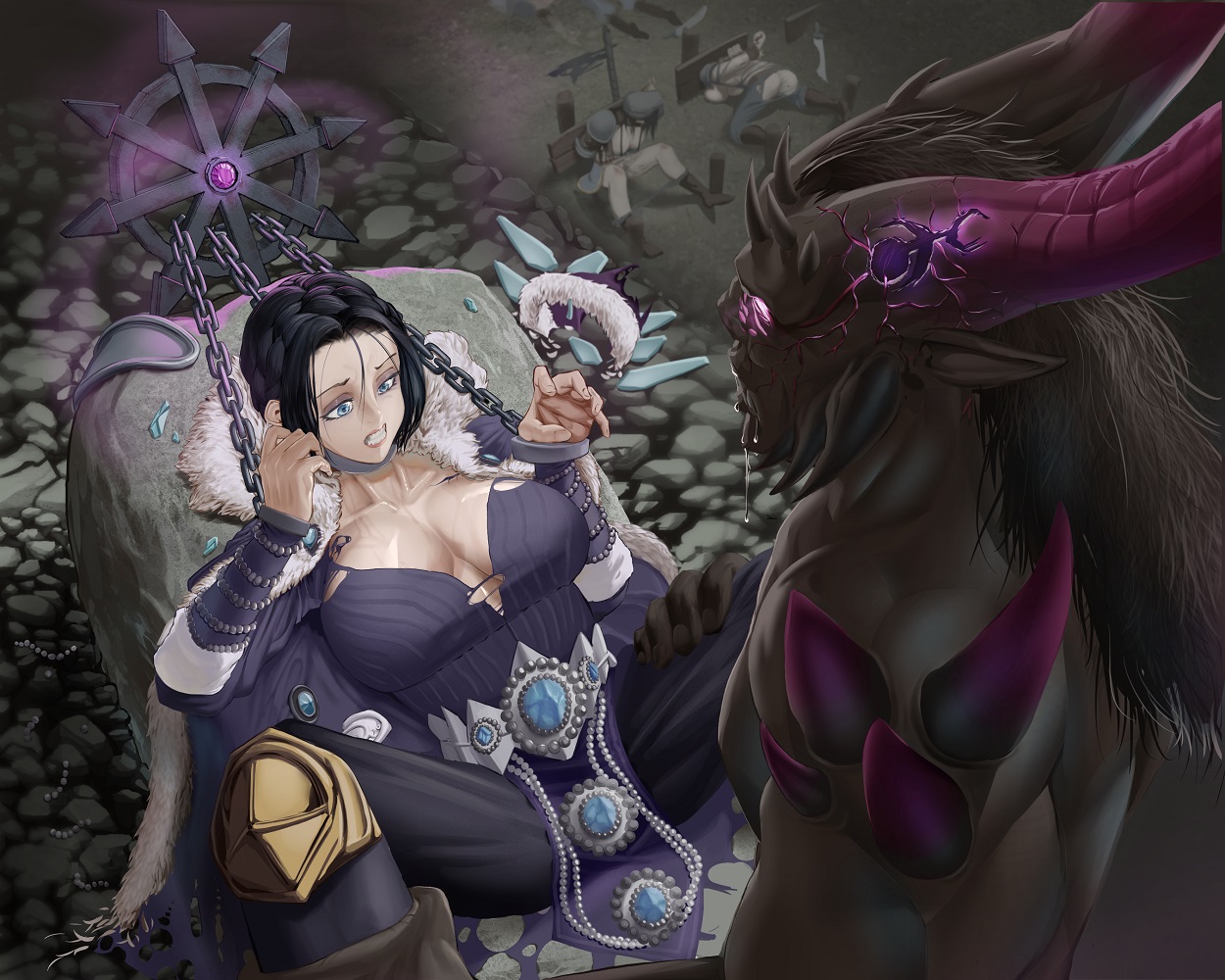 3girls, beastman, beastman (warhammer), black hair, blue eyes, chains, chaos (warhammer), female, guls, imminent rape, imminent sex, kislev, multiple females, multiple girls, restrained, slaanesh, slaanesh mark, spread legs, struggling, sweat, sword, torn clothing, tzarina katarin, warhammer (franchise), warhammer fantasy