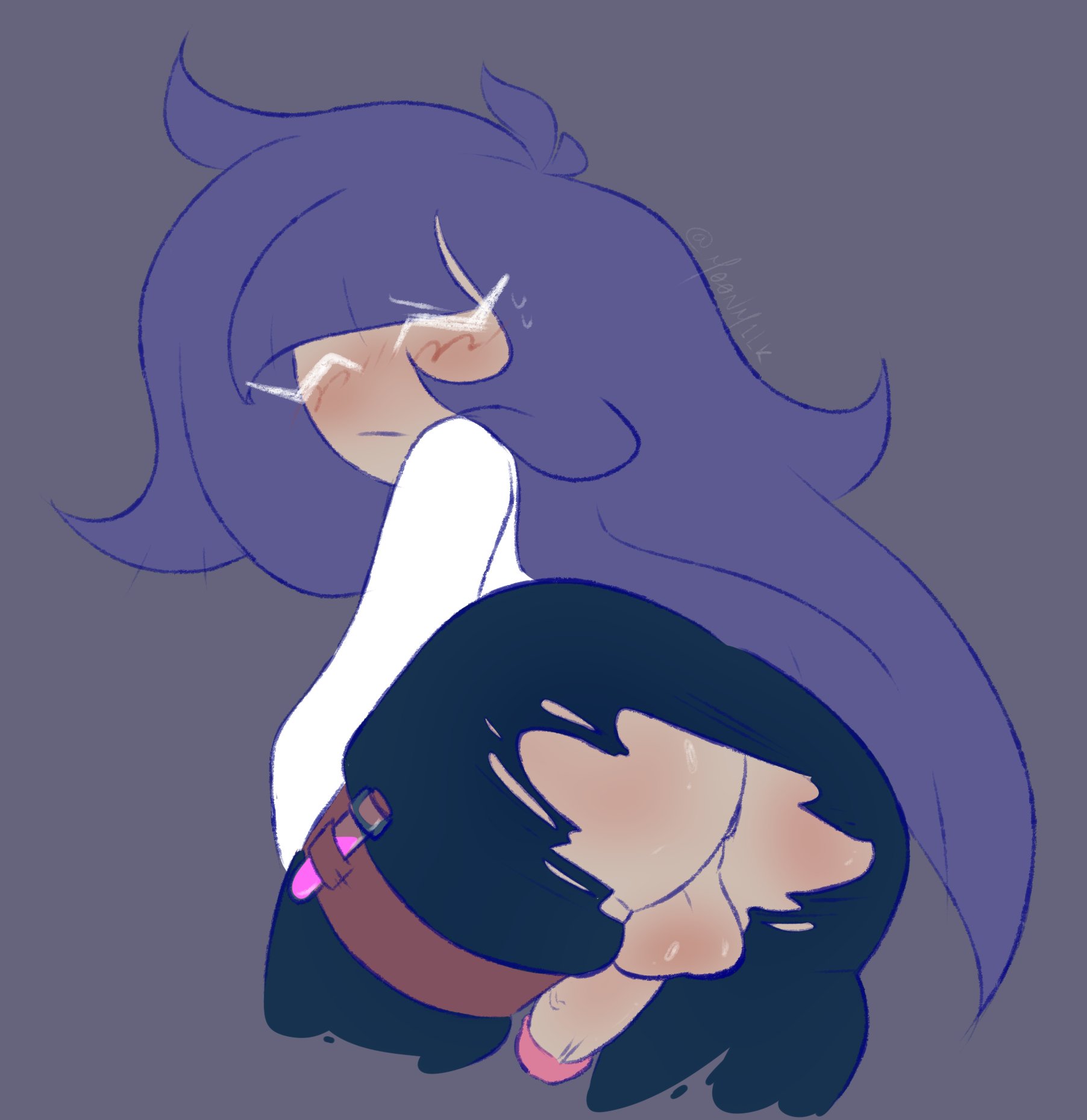 1boy, ass, balls, business suit, clothing, cookie, cookie run, cookie run kingdom, long hair, looking at viewer, m00nm1lk, male, male only, penis, prune juice cookie, purple hair, ripped clothing, ripped pants, solo, tagme