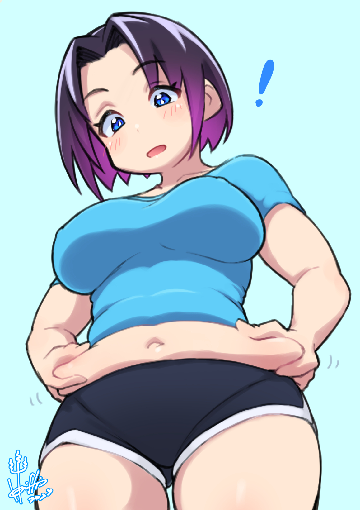 1girls, belly, blue eyes, blue shirt, breasts, covered nipples, dark hair, elma (dragon maid), female, hori shin (horishin1986), huge breasts, large breasts, miss kobayashi's dragon maid, multicolored hair, purple hair, solo