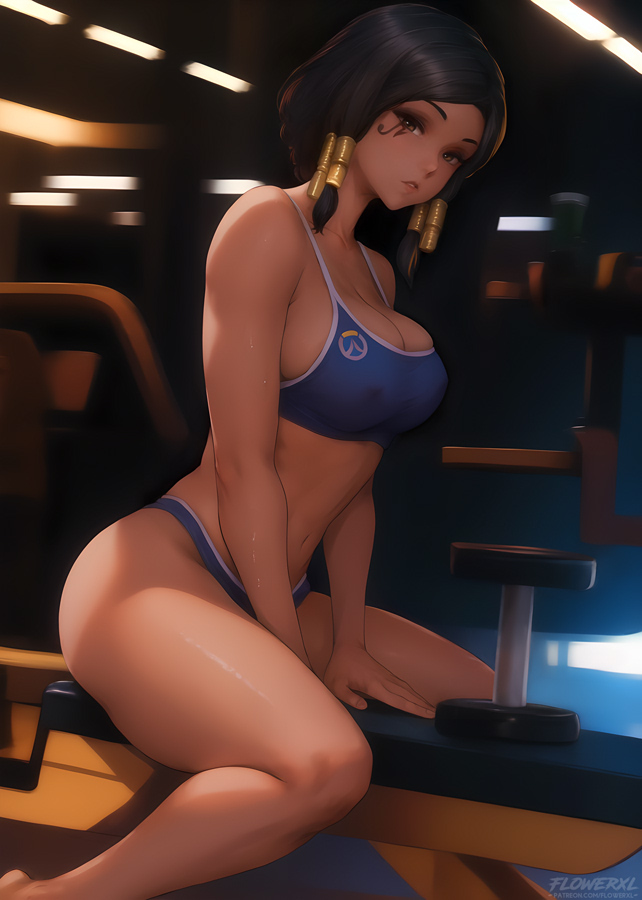 ai generated, black hair, blizzard entertainment, breasts, brown eyes, cleavage, dark skin, dark-skinned female, deviantart link, egyptian, exercise equipment, female, female only, flowerxl, hentai foundry, large breasts, looking at viewer, overwatch, pharah, sports bikini, sports bra, sweat, underwear, voluptuous