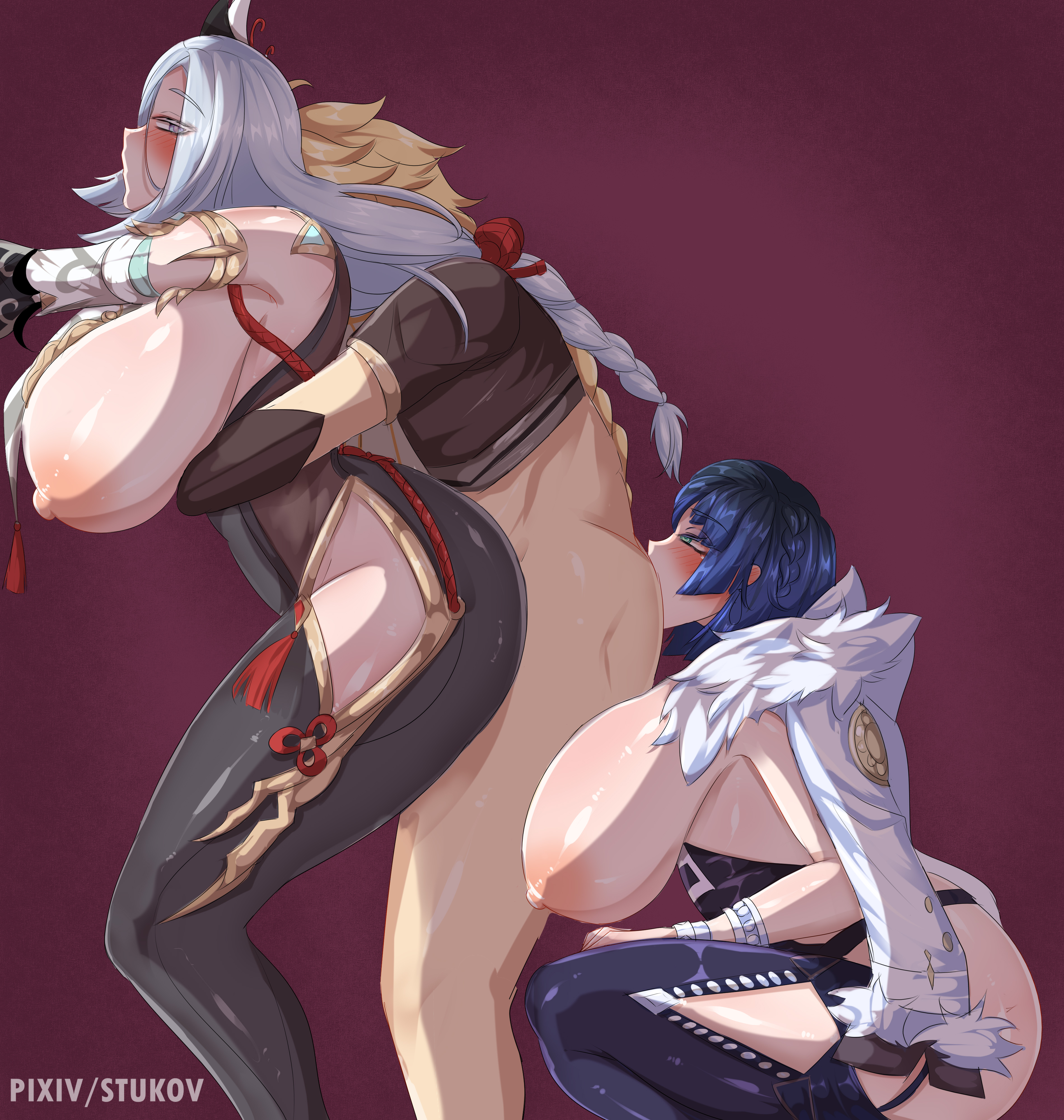1boy, 2girls, aether (genshin impact), anilingus, blonde hair, female, genshin impact, male, shenhe (genshin impact), standing sex, stukov, yelan (genshin impact)