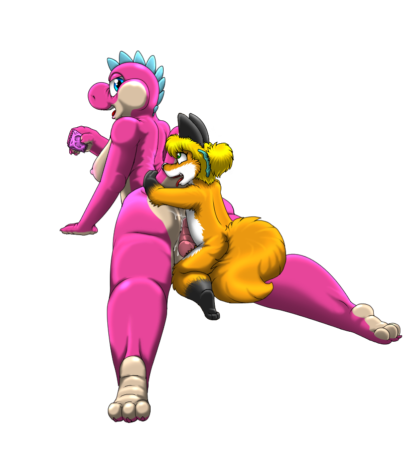 anthro blue_eyes bodily_fluids breasts canid canine condom cum duo female fox fur genital_fluids green_eyes kit_(kitsune_youkai) kitsune_youkai male male/female mammal mario_(series) multicolored_body nintendo nipples orange_body orange_fur pink_body sexual_barrier_device simple_background tan_body twilight_stormshi_(character) two_tone_body white_background yoshi