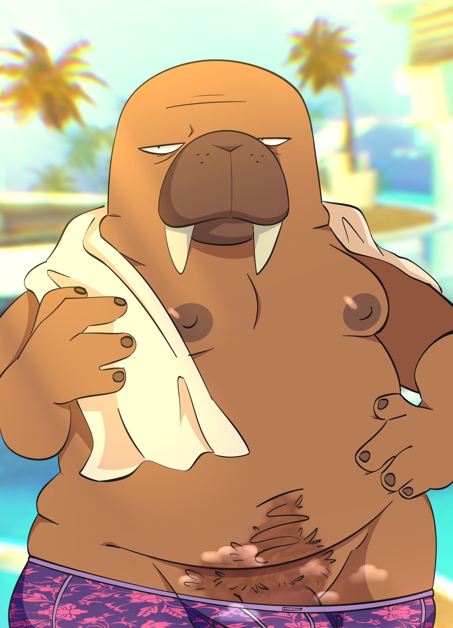 1boy 2023 anthro belly big_belly bottomwear clothing genitals hi_res hiroshi_odokawa_(odd_taxi) humanoid_hands male male_only mammal marine moobs musk nipples odd_taxi overweight overweight_male penis pinniped salamikii shorts solo swimwear towel towel_around_neck walrus